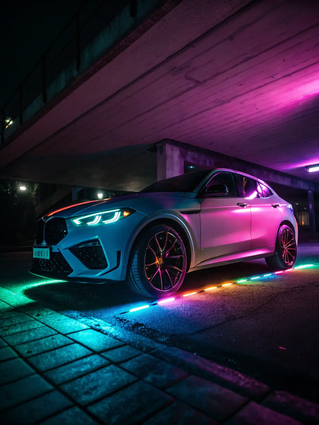 Image of a car interior with custom LED lighting installed, highlighting the vibrant colors and modern aesthetic.