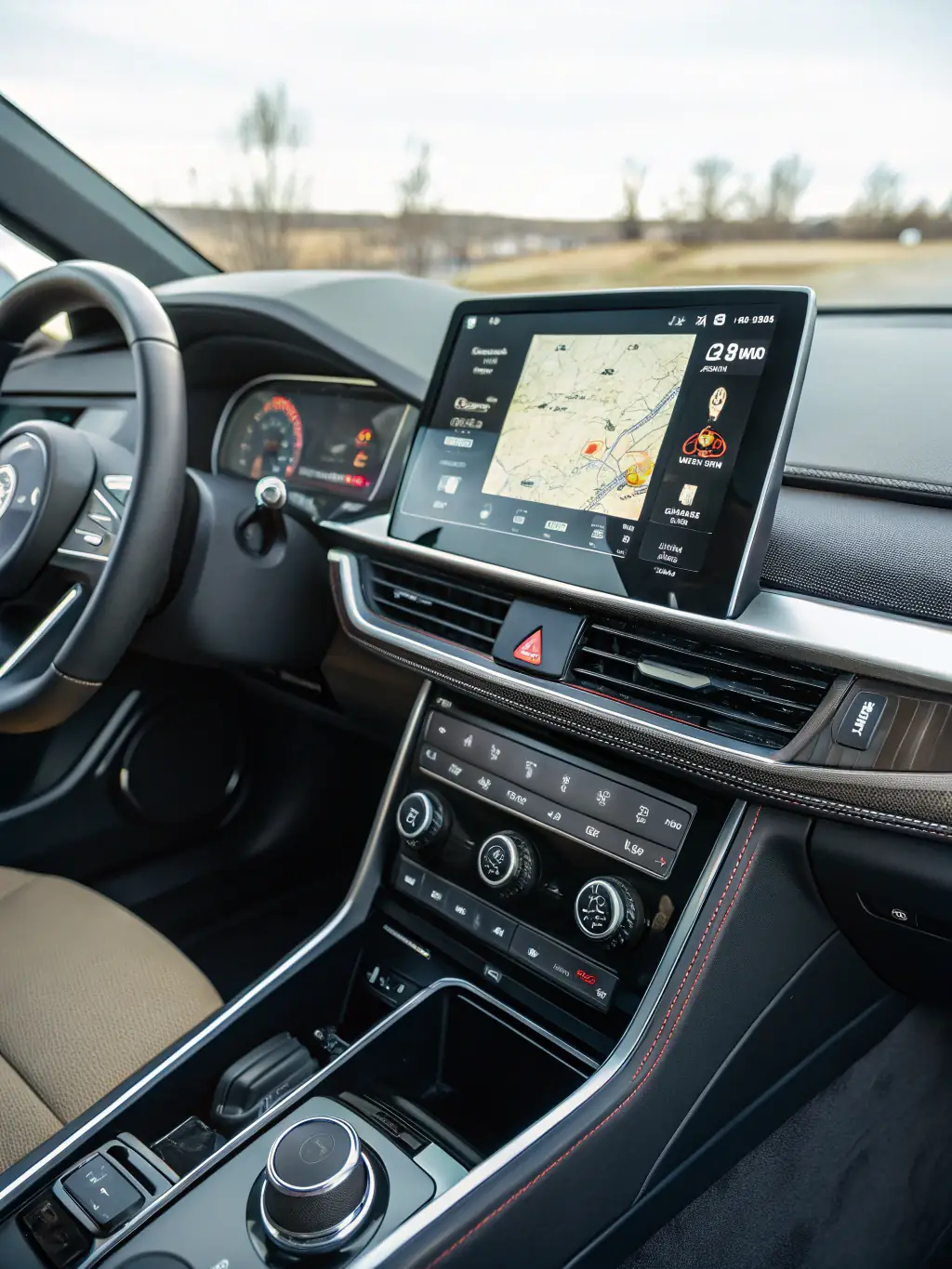 A car's dashboard displaying the CarPlay or Android Auto interface, showcasing the seamless integration and user-friendly experience. The image should highlight the ease of access to navigation, music, and communication features.