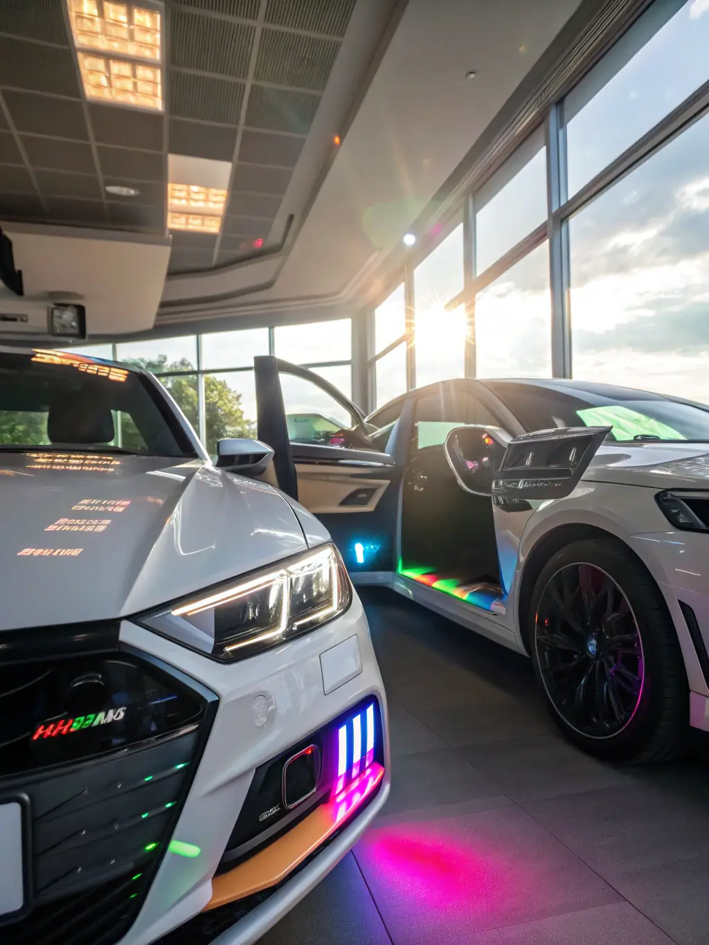 A car interior with vibrant LED lighting installed, highlighting the customization options and the modern, stylish ambiance it creates. The image should emphasize the brightness and color accuracy of the LEDs.
